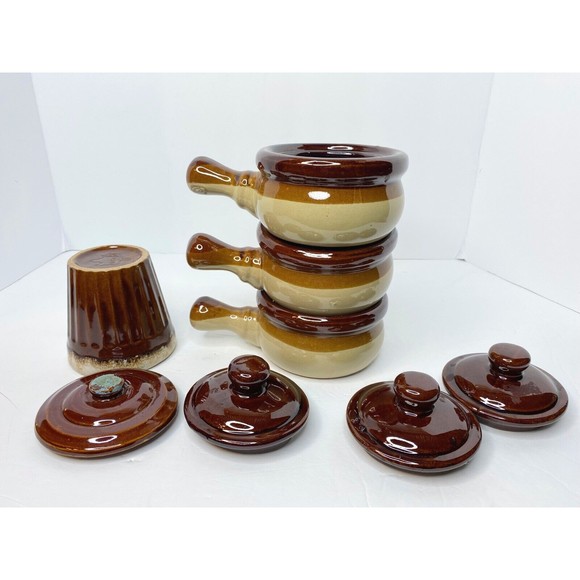 Soup Bowls , GLAZED STONEWARE CLAY WITH HANDLE AND LID 3 lot, 1 Mug Monmouth - Picture 2 of 15